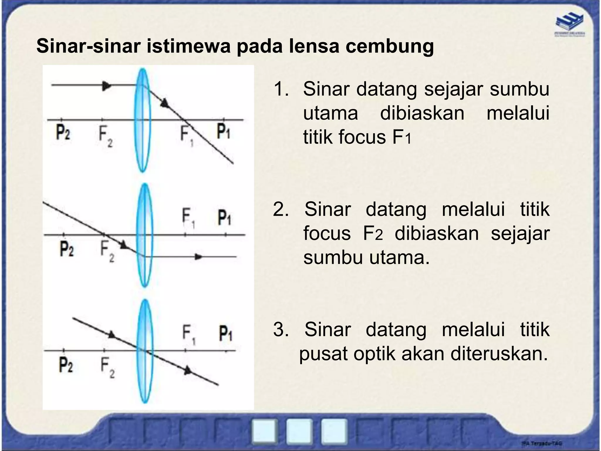 Sinar-sinar istimewa pada lensa cembung
1. Sinar datang sejajar sumbu
utama dibiaskan melalui
titik focus F1
2. Sinar datang melalui titik
focus F2 dibiaskan sejajar
sumbu utama.
3. Sinar datang melalui titik
pusat optik akan diteruskan.
 