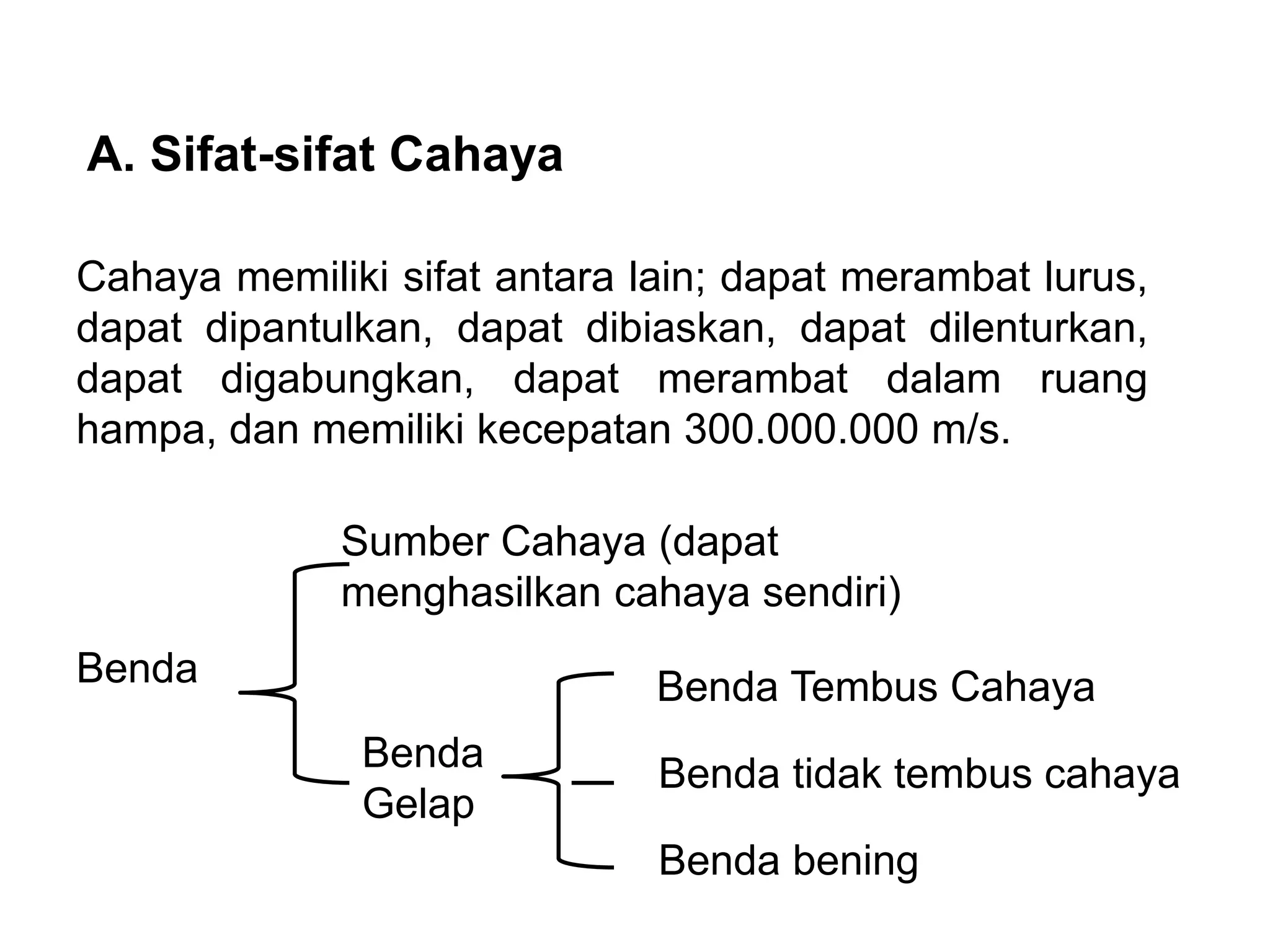 A. Sifat-sifat Cahaya
Cahaya memiliki sifat antara lain; dapat merambat lurus,
dapat dipantulkan, dapat dibiaskan, dapat dilenturkan,
dapat digabungkan, dapat merambat dalam ruang
hampa, dan memiliki kecepatan 300.000.000 m/s.
Benda
Sumber Cahaya (dapat
menghasilkan cahaya sendiri)
Benda
Gelap
Benda tidak tembus cahaya
Benda Tembus Cahaya
Benda bening
 