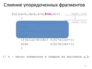 Слияние упорядоченных фрагментов for(ia=0,ib=0,k=0; k<n ;k++)  { if(ia>=n1) c[k]=b[ib++]; else if(ib>=n2) c[k]=a[ia++]; else if(a[ia]<b[ib]) c[k]=a[ia++]; else   c[k]=b[ib++]; } //  n –  число элементов в каждом из массивов  a,b rank1 ,  a[n] rank2,   b[n] 