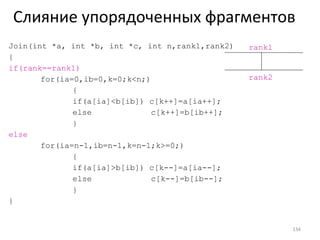 Слияние упорядоченных фрагментов Join(int *a, int *b, int *c, int n,rank1,rank2) { if(rank==rank1) for(ia=0,ib=0,k=0;k<n;)  { if(a[ia]<b[ib]) c[k++]=a[ia++]; else   c[k++]=b[ib++]; } else for(ia=n-1,ib=n-1,k=n-1;k>=0;)  { if(a[ia]>b[ib]) c[k--]=a[ia--]; else   c[k--]=b[ib--]; } } rank1 rank2 