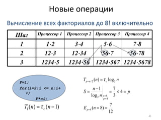 Новые операции F=1; for(i=2;i   <= n;i ++ ) F*=i; Вычисление всех факториалов   до  8!  включительно Шаг Процессор 1  Процессор 2 Процессор 3 Процессор 4 1 1  2 3  4 5  6 7  8 2 12  3 12  34 56  7 56  78 3 1234  5 1234  56 1234  567 1234  5678 
