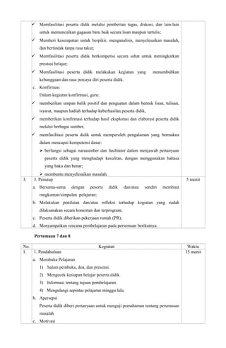  Memfasilitasi peserta didik melalui pemberian tugas, diskusi, dan lain-lain
untuk memunculkan gagasan baru baik secara lisan maupun tertulis;
 Memberi kesempatan untuk berpikir, menganalisis, menyelesaikan masalah,
dan bertindak tanpa rasa takut;
 Memfasilitasi peserta didik berkompetisi secara sehat untuk meningkatkan
prestasi belajar;
 Memfasilitasi peserta didik melakukan kegiatan yang menumbuhkan
kebanggaan dan rasa percaya diri peserta didik.
c. Konfirmasi
Dalam kegiatan konfirmasi, guru:
 memberikan umpan balik positif dan penguatan dalam bentuk lisan, tulisan,
isyarat, maupun hadiah terhadap keberhasilan peserta didik,
 memberikan konfirmasi terhadap hasil eksplorasi dan elaborasi peserta didik
melalui berbagai sumber,
 memfasilitasi peserta didik untuk memperoleh pengalaman yang bermakna
dalam mencapai kompetensi dasar:
 berfungsi sebagai narasumber dan fasilitator dalam menjawab pertanyaan
peserta didik yang menghadapi kesulitan, dengan menggunakan bahasa
yang baku dan benar;
 membantu menyelesaikan masalah.
3. 3. Penutup
a. Bersama-sama dengan peserta didik dan/atau sendiri membuat
rangkuman/simpulan pelajaran;
b. Melakukan penilaian dan/atau refleksi terhadap kegiatan yang sudah
dilaksanakan secara konsisten dan terprogram;
c. Peserta didik diberikan pekerjaan rumah (PR);
d. Menyampaikan rencana pembelajaran pada pertemuan berikutnya.
5 menit
Pertemuan 7 dan 8
No. Kegiatan Waktu
1. 1. Pendahuluan
a. Membuka Pelajaran
1) Salam pembuka, doa, dan presensi.
2) Mengecek kesiapan belajar peserta didik.
3) Informasi tentang tujuan pembelajaran.
4) Mengulangi sepintas pelajaran minggu lalu.
b. Apersepsi
Peserta didik diberi pertanyaan untuk menguji pemahaman tentang perumusan
masalah
c. Motivasi
15 menit
 