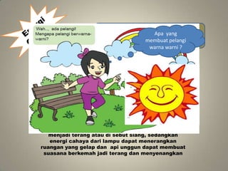 Energi Cahaya adalah
kemampuan yangApa yang akibat
terjadi
membuat pelangi
adanya pengaruh cahaya
warna warni ?

Matahari

Lampu

Api unggun

Energi cahaya dari matahari dapat membuat bumi
menjadi terang atau di sebut siang, sedangkan
energi cahaya dari lampu dapat menerangkan
ruangan yang gelap dan api unggun dapat membuat
suasana berkemah jadi terang dan menyenangkan

 