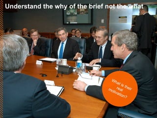 Understand the why of the brief not the what What is their real motivation? 
