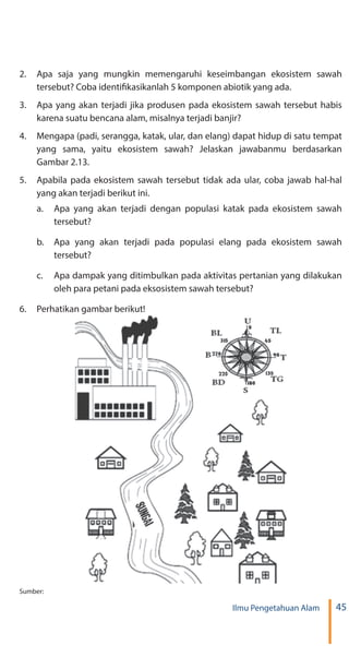 45Ilmu Pengetahuan Alam
2.	 Apa saja yang mungkin memengaruhi keseimbangan ekosistem sawah
tersebut? Coba identifikasikanlah 5 komponen abiotik yang ada.
3.	 Apa yang akan terjadi jika produsen pada ekosistem sawah tersebut habis
karena suatu bencana alam, misalnya terjadi banjir?
4.	 Mengapa (padi, serangga, katak, ular, dan elang) dapat hidup di satu tempat
yang sama, yaitu ekosistem sawah? Jelaskan jawabanmu berdasarkan
Gambar 2.13.
5.	 Apabila pada ekosistem sawah tersebut tidak ada ular, coba jawab hal-hal
yang akan terjadi berikut ini.
a.	 Apa yang akan terjadi dengan populasi katak pada ekosistem sawah
tersebut?
b.	 Apa yang akan terjadi pada populasi elang pada ekosistem sawah
tersebut?
c.	 Apa dampak yang ditimbulkan pada aktivitas pertanian yang dilakukan
oleh para petani pada eksosistem sawah tersebut?
6.	 Perhatikan gambar berikut!
Sumber:
 
