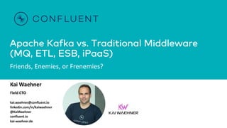 Apache Kafka vs. Traditional Middleware
(MQ, ETL, ESB, iPaaS)
Friends, Enemies, or Frenemies?
Kai Waehner
Field CTO
kai.waehner@confluent.io
linkedin.com/in/kaiwaehner
@KaiWaehner
confluent.io
kai-waehner.de
 