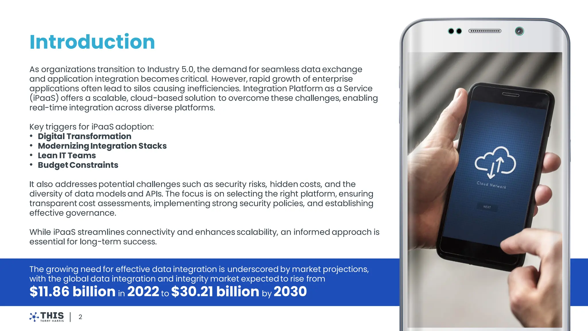 Introduction
As organizations transition to Industry 5.0, the demand for seamless data exchange
and application integration becomes critical. However, rapid growth of enterprise
applications often lead to silos causing inefficiencies. Integration Platform as a Service
(iPaaS) offers a scalable, cloud-based solution to overcome these challenges, enabling
real-time integration across diverse platforms.
Key triggers for iPaaS adoption:
• Digital Transformation
• ModernizingIntegration Stacks
• Lean IT Teams
• BudgetConstraints
It also addresses potential challenges such as security risks, hidden costs, and the
diversity of data models and APIs. The focus is on selecting the right platform, ensuring
transparent cost assessments, implementing strong security policies, and establishing
effective governance.
While iPaaS streamlines connectivity and enhances scalability, an informed approach is
essential for long-term success.
2
The growing need for effective data integration is underscored by market projections,
with the global data integration and integrity market expectedto rise from
$11.86 billion in 2022to $30.21 billion by 2030
 