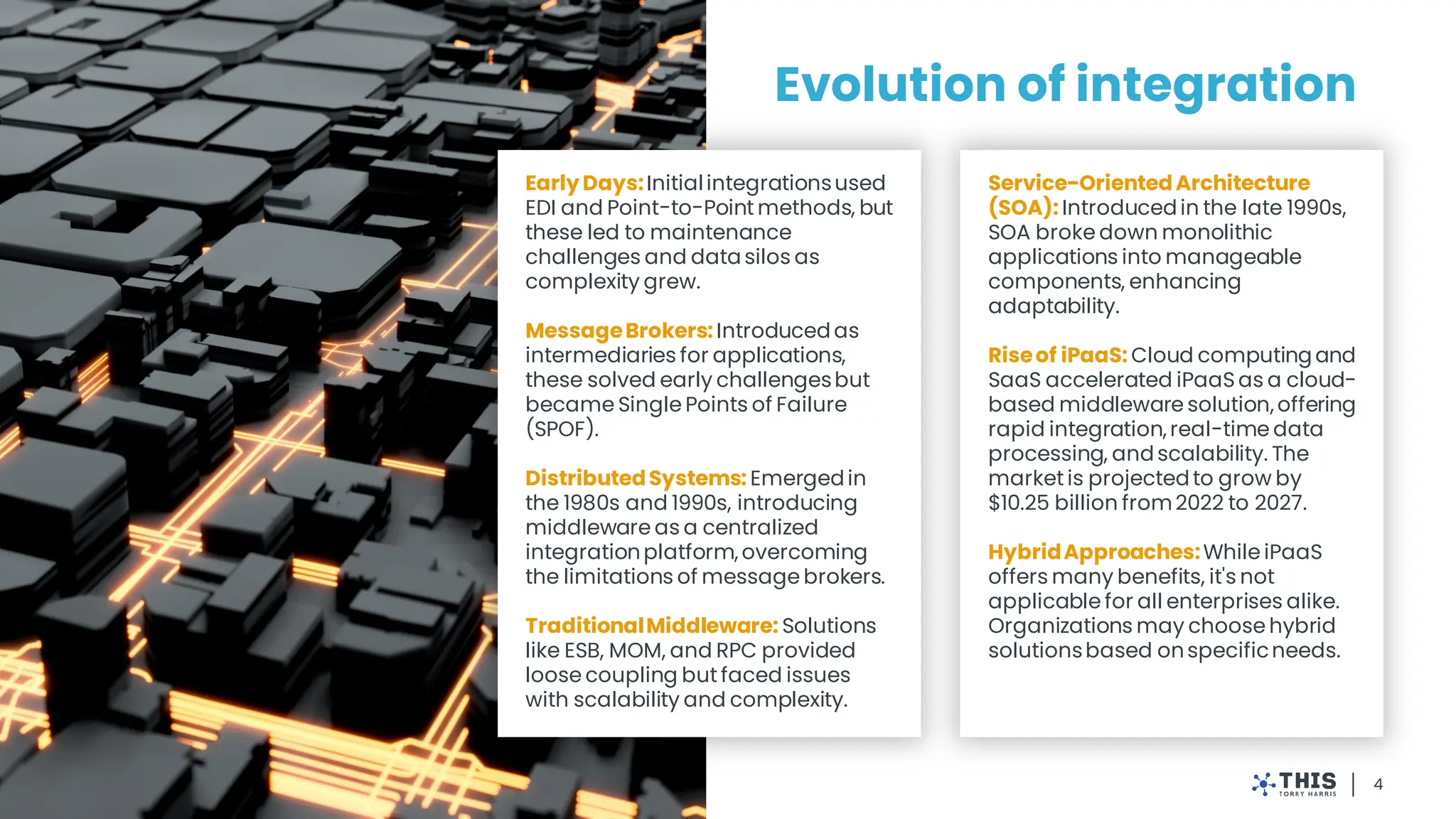 Evolution of integration
Service-OrientedArchitecture
(SOA): Introduced in the late 1990s,
SOA broke down monolithic
applications into manageable
components, enhancing
adaptability.
Riseof iPaaS: Cloud computing and
SaaS accelerated iPaaS as a cloud-
based middleware solution,offering
rapid integration,real-time data
processing, andscalability. The
market is projectedto grow by
$10.25 billion from2022 to 2027.
HybridApproaches:While iPaaS
offers many benefits, it's not
applicable for all enterprises alike.
Organizations may choose hybrid
solutionsbased onspecificneeds.
EarlyDays:Initialintegrationsused
EDI and Point-to-Point methods, but
these led to maintenance
challenges and datasilos as
complexity grew.
MessageBrokers: Introducedas
intermediaries for applications,
these solved early challengesbut
became Single Points of Failure
(SPOF).
DistributedSystems: Emergedin
the 1980s and 1990s, introducing
middleware as a centralized
integrationplatform,overcoming
the limitations of message brokers.
TraditionalMiddleware: Solutions
like ESB, MOM, and RPC provided
loose coupling but faced issues
with scalability and complexity.
4
 