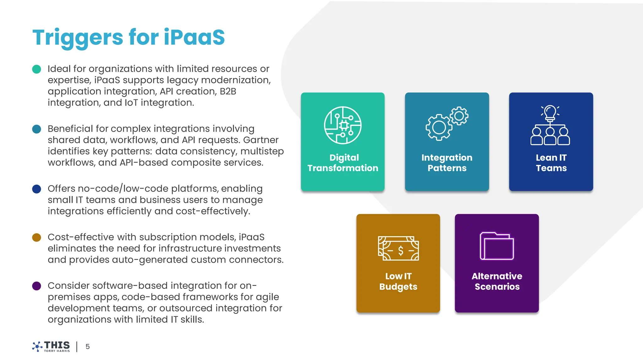 Triggers for iPaaS
Ideal for organizations with limited resources or
expertise, iPaaS supports legacy modernization,
application integration, API creation, B2B
integration, and IoT integration.
Beneficial for complex integrations involving
shared data, workflows, and API requests. Gartner
identifies key patterns: data consistency, multistep
workflows, and API-based composite services.
Offers no-code/low-code platforms, enabling
small IT teams and business users to manage
integrations efficiently and cost-effectively.
Cost-effective with subscription models, iPaaS
eliminates the need for infrastructure investments
and provides auto-generated custom connectors.
Consider software-based integration for on-
premises apps, code-based frameworks for agile
development teams, or outsourced integration for
organizations with limited IT skills.
Integration
Patterns
Digital
Transformation
Lean IT
Teams
Low IT
Budgets
Alternative
Scenarios
5
 