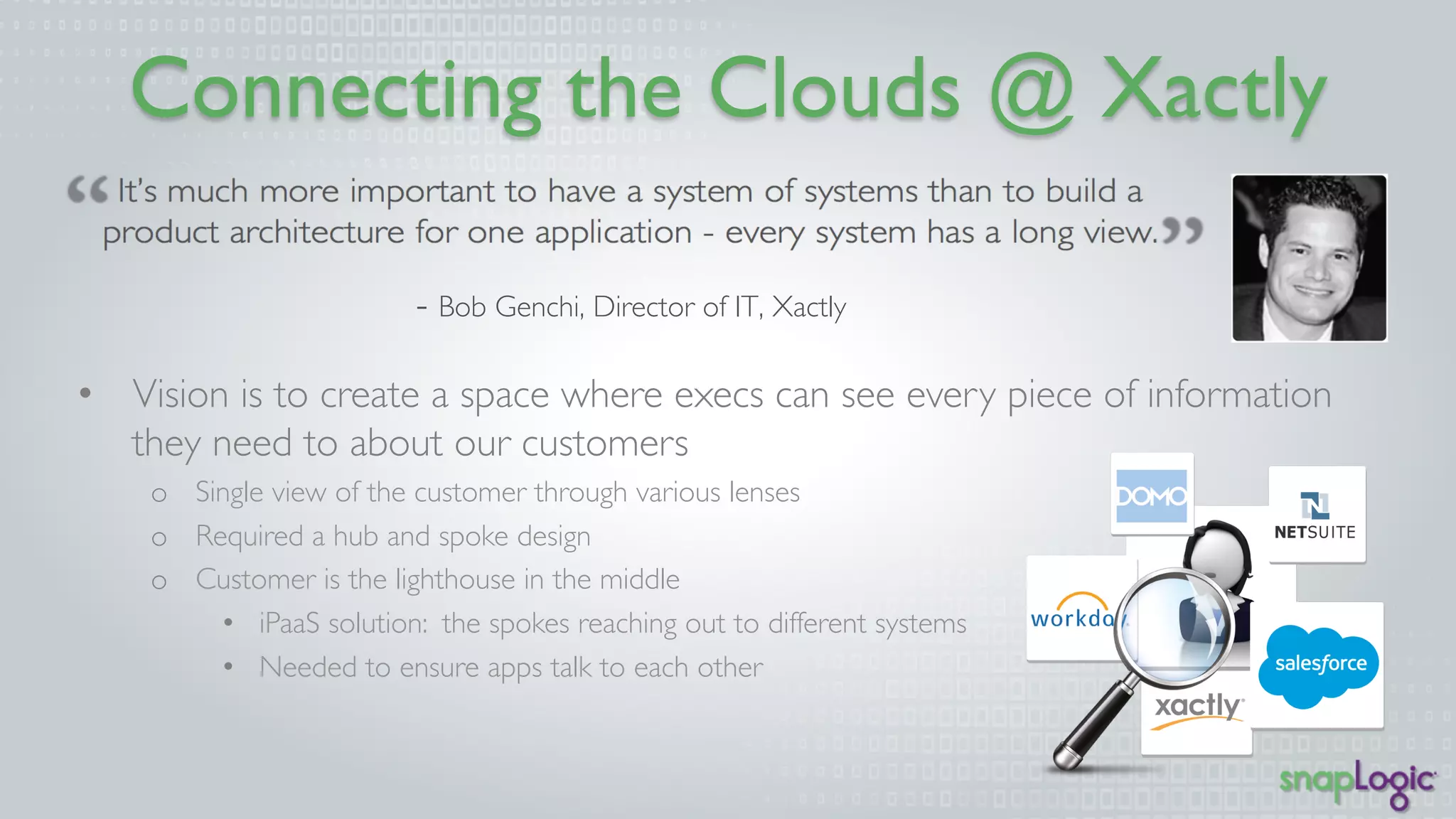 Connecting the Clouds @ Xactly 
- Bob Genchi, Director of IT, Xactly 
• Vision is to create a space where execs can see every piece of information 
they need to about our customers 
o Single view of the customer through various lenses 
o Required a hub and spoke design 
o Customer is the lighthouse in the middle 
• iPaaS solution: the spokes reaching out to different systems 
• Needed to ensure apps talk to each other 
 