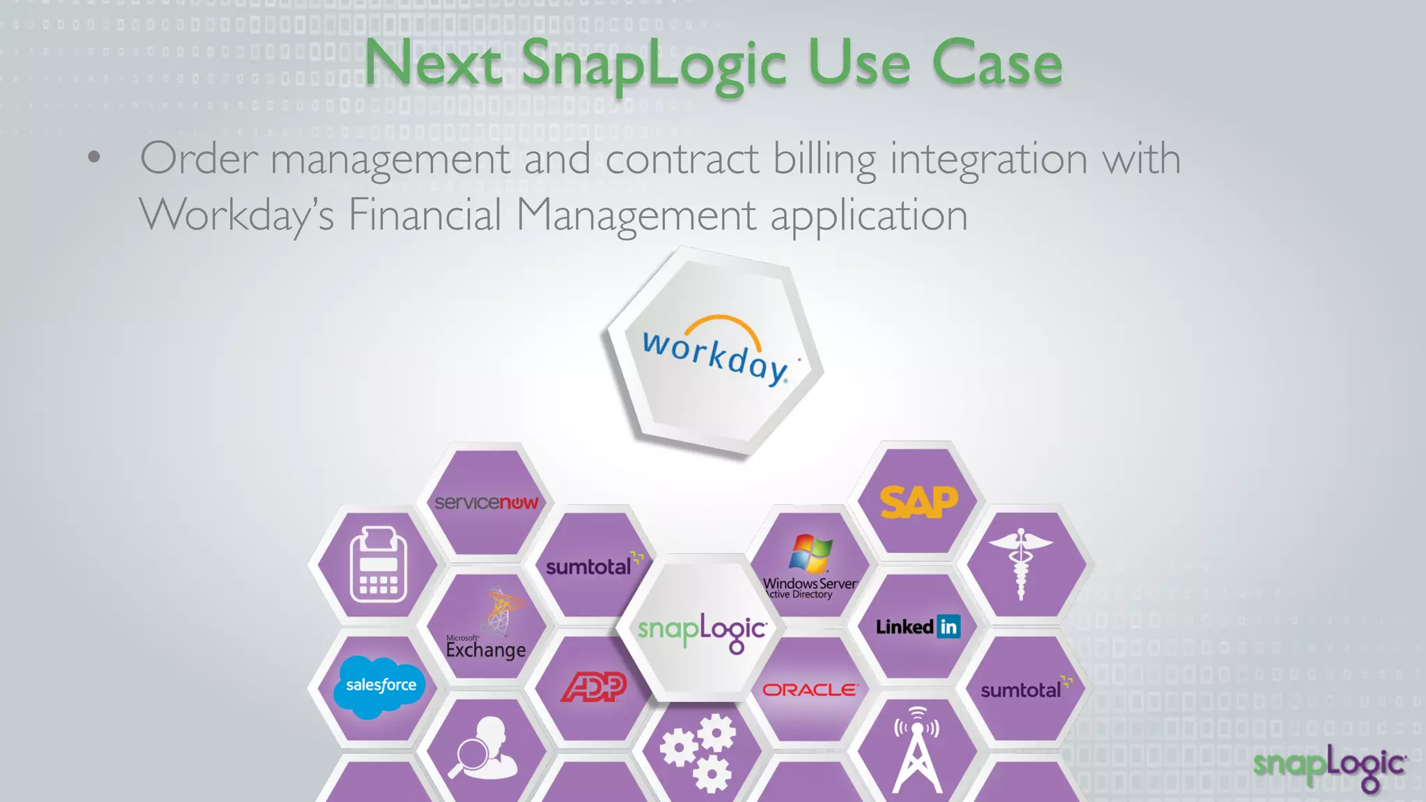 Next SnapLogic Use Case 
• Order management and contract billing integration with 
Workday’s Financial Management application 
 