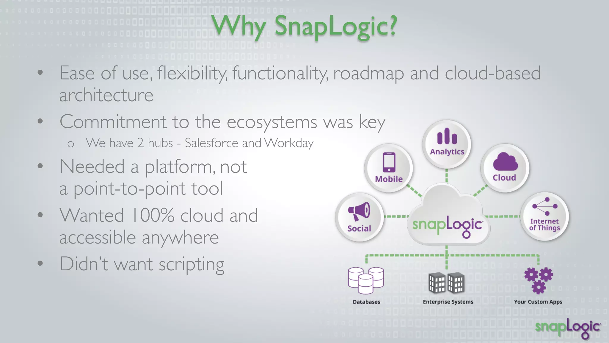 Why SnapLogic? 
• Ease of use, flexibility, functionality, roadmap and cloud-based 
architecture 
• Commitment to the ecosystems was key 
o We have 2 hubs - Salesforce and Workday 
• Needed a platform, not 
a point-to-point tool 
• Wanted 100% cloud and 
accessible anywhere 
• Didn’t want scripting 
 