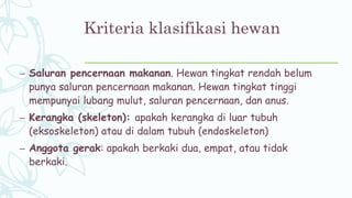 Kriteria klasifikasi hewan
– Saluran pencernaan makanan. Hewan tingkat rendah belum
punya saluran pencernaan makanan. Hewan tingkat tinggi
mempunyai lubang mulut, saluran pencernaan, dan anus.
– Kerangka (skeleton): apakah kerangka di luar tubuh
(eksoskeleton) atau di dalam tubuh (endoskeleton)
– Anggota gerak: apakah berkaki dua, empat, atau tidak
berkaki.
 