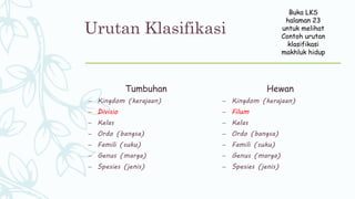 Urutan Klasifikasi
Tumbuhan
– Kingdom (kerajaan)
– Divisio
– Kelas
– Ordo (bangsa)
– Famili (suku)
– Genus (marga)
– Spesies (jenis)
Hewan
– Kingdom (kerajaan)
– Filum
– Kelas
– Ordo (bangsa)
– Famili (suku)
– Genus (marga)
– Spesies (jenis)
Buka LKS
halaman 23
untuk melihat
Contoh urutan
klasifikasi
makhluk hidup
 