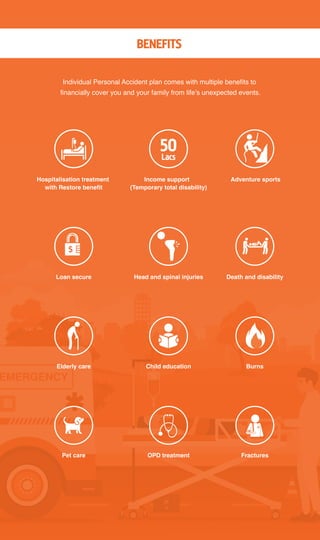 Individual Personal Accident plan comes with multiple benefits to
financially cover you and your family from life’s unexpected events.
Hospitalisation treatment
with Restore benefit
Adventure sportsIncome support
(Temporary total disability)
50Lacs
Pet care FracturesOPD treatment
Elderly care BurnsChild education
Loan secure Death and disabilityHead and spinal injuries
BENEFITS
 