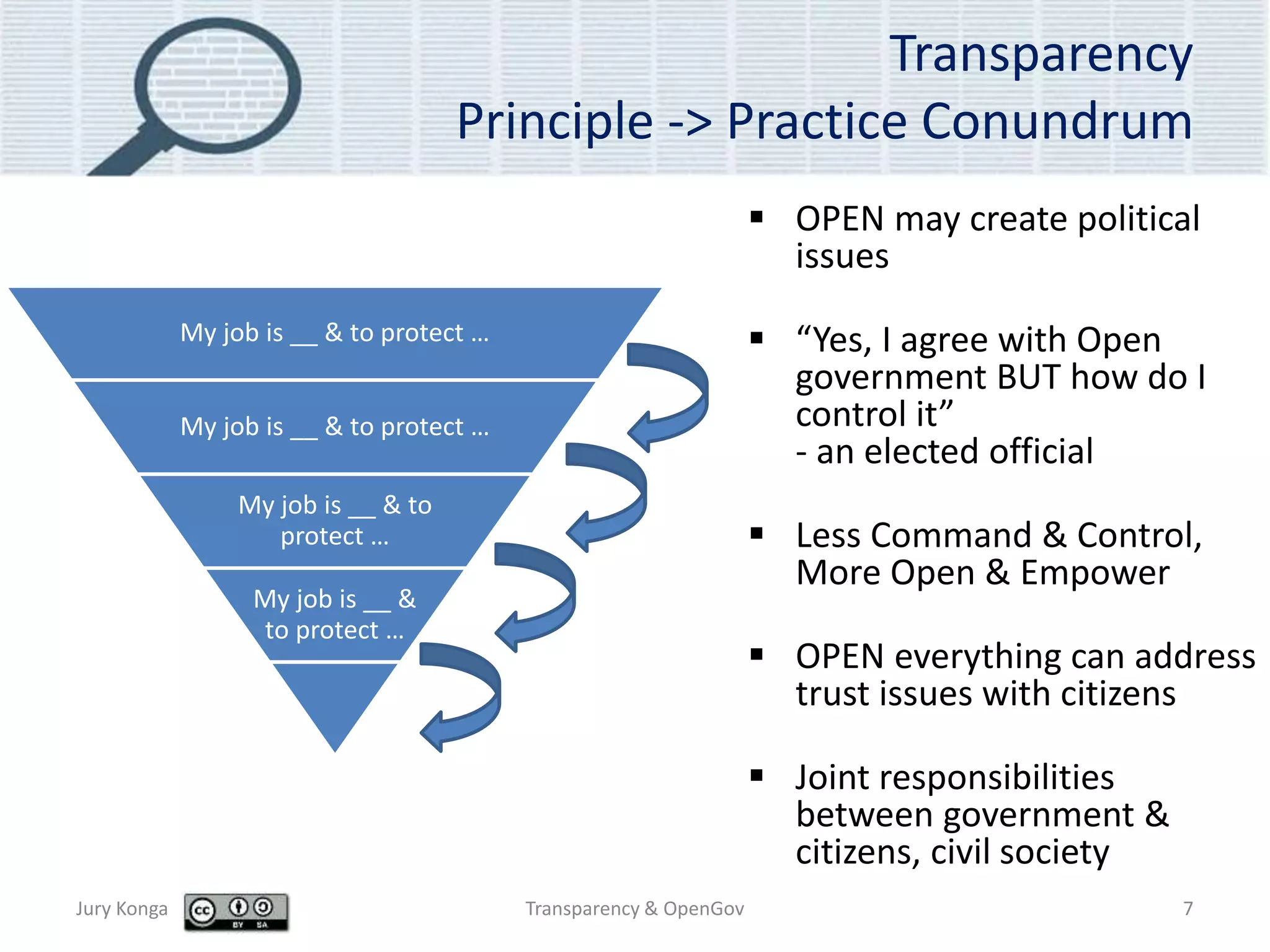 Transparency
Principle -> Practice Conundrum
 OPEN may create political
issues
 “Yes, I agree with Open
government BUT how do I
control it”
- an elected official
 Less Command & Control,
More Open & Empower
 OPEN everything can address
trust issues with citizens
 Joint responsibilities
between government &
citizens, civil society
Jury Konga Transparency & OpenGov 7
My job is __ & to protect …
My job is __ & to protect …
My job is __ & to
protect …
My job is __ &
to protect …
 