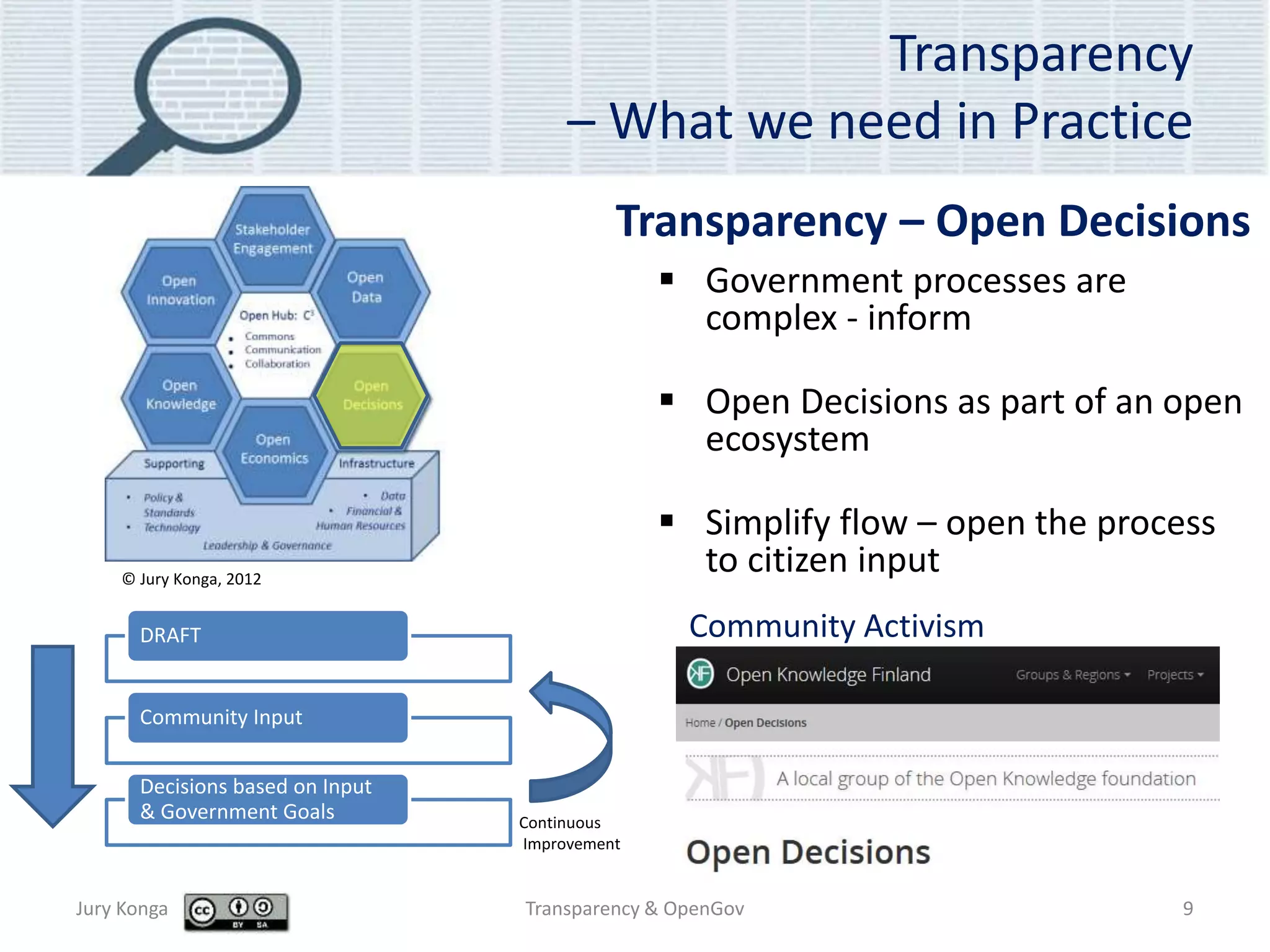 Transparency
– What we need in Practice
 Government processes are
complex - inform
 Open Decisions as part of an open
ecosystem
 Simplify flow – open the process
to citizen input
Jury Konga Transparency & OpenGov 9
Transparency – Open Decisions
DRAFT
Community Input
Decisions based on Input
& Government Goals Continuous
Improvement
© Jury Konga, 2012
Community Activism
 