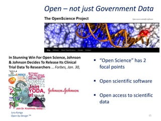 Open – not just Government Data

In Stunning Win For Open Science, Johnson
& Johnson Decides To Release Its Clinical
Trial Data To Researchers … Forbes, Jan. 30,
2014.

 “Open Science” has 2
focal points
 Open scientific software
 Open access to scientific
data

Jury Konga
Open by Design TM

15

 