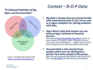 “A Colloquial Definition of Big,
Open, and Personal Data”

Context – B-O-P Data
 Big Data is (i) data that you cannot handle
with conventional tools or (ii) a term used
as a vague metaphor for solving problems
with data.
 Open Data is data that anyone can use;
without legal, technical or financial
barriers.

More formal Open Knowledge Foundation writes: A
piece of data or content is open if anyone is free to
use, reuse, and redistribute it — subject only, at most,
to the requirement to attribute and/or share-alike.

 Personal Data is data derived from
people, where you can distinguish a
person from other people in the group.
Source: The Open Data Institute (UK)
github.com/theodi/data-definitions
Jury Konga
Open by Design TM

More formal: personally identifiable information (PII)
from the ISO 29100 standard (privacy framework).

5

 