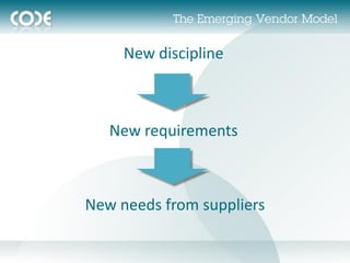 The Emerging Vendor Model


     New discipline



   New requirements



New needs from suppliers
 