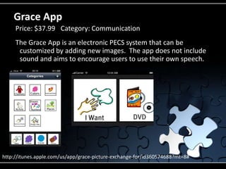 GraceAppPrice: $37.99	Category: CommunicationThe Grace App is an electronic PECS system that can be customized by adding new images.  The app does not include sound and aims to encourage users to use their own speech.  http://itunes.apple.com/us/app/grace-picture-exchange-for/id360574688?mt=8#
