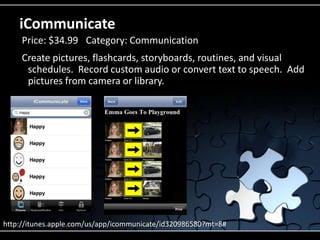 iCommunicateCreate pictures, flashcards, storyboards, routines, and visual schedules.  Record custom audio or convert text to speech.  Add pictures from camera or library.  Price: $34.99	Category: Communicationhttp://itunes.apple.com/us/app/icommunicate/id320986580?mt=8#