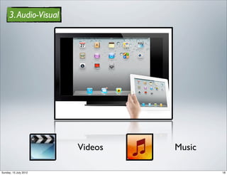 3. Audio-Visual




                       Videos   Music

Sunday, 15 July 2012                    18
 