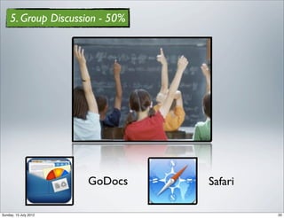 5. Group Discussion - 50%




                       GoDocs   Safari

Sunday, 15 July 2012                     20
 