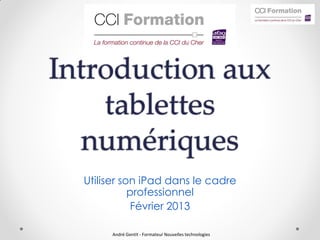 Introduction aux
    tablettes
   numériques
  Utiliser son iPad dans le cadre
             professionnel
             Février 2013

       André Gentit - Formateur Nouvelles technologies
 