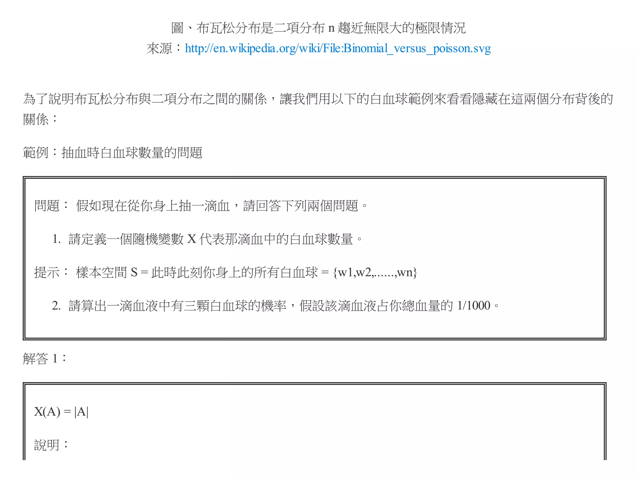 圖、布瓦松分布是二項分布 n 趨近無限大的極限情況
來源：http://en.wikipedia.org/wiki/File:Binomial_versus_poisson.svg

為了說明布瓦松分布與二項分布之間的關係，讓我們用以下的白血球範例來看看隱藏在這兩個分布背後的
關係：
範例：抽血時白血球數量的問題

問題： 假如現在從你身上抽一滴血，請回答下列兩個問題。
1. 請定義一個隨機變數 X 代表那滴血中的白血球數量。
提示： 樣本空間 S = 此時此刻你身上的所有白血球 = {w1,w2,......,wn}
2. 請算出一滴血液中有三顆白血球的機率，假設該滴血液占你總血量的 1/1000。

解答 1：

X(A) = |A|
說明：

 