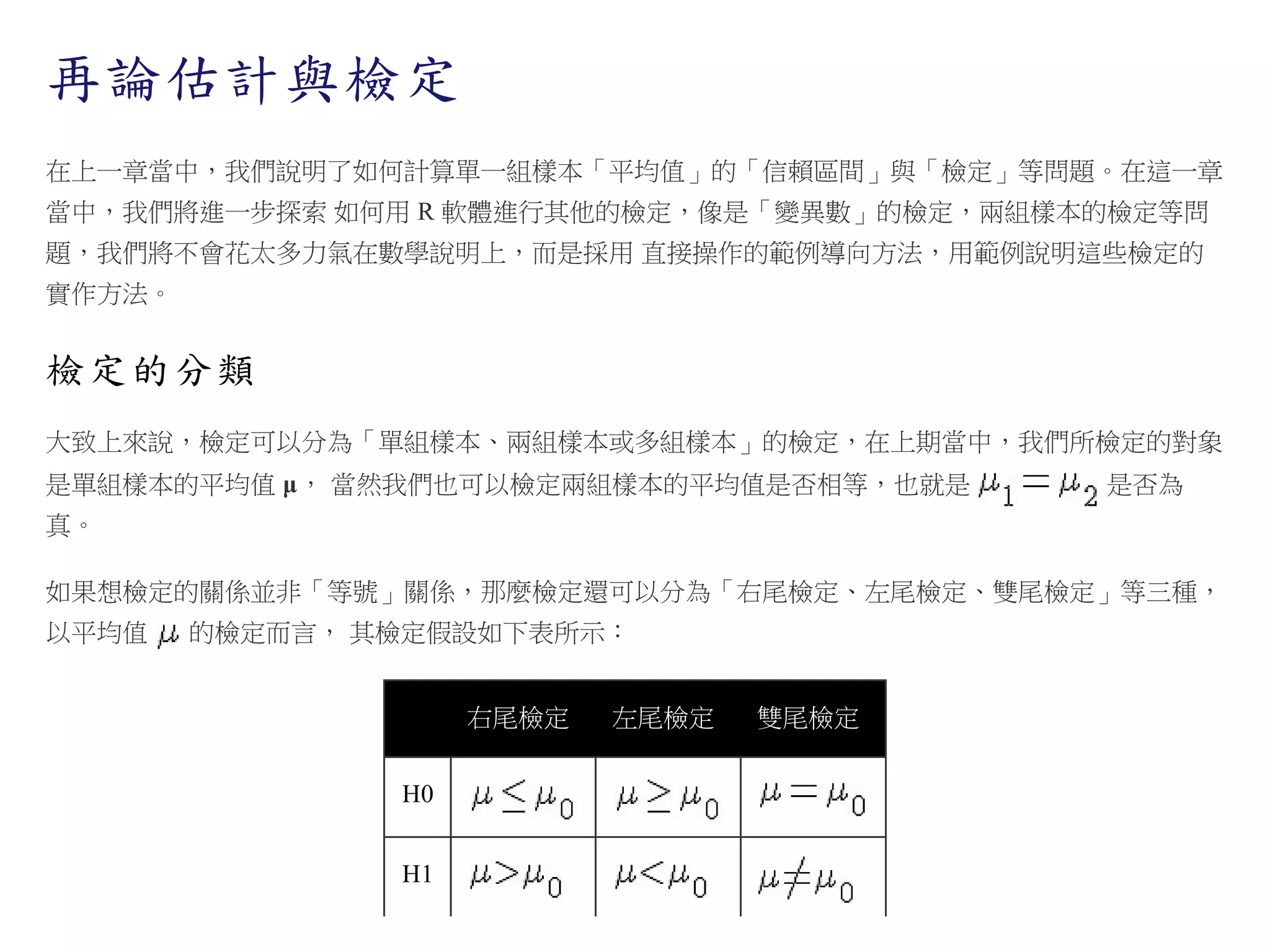再論估計與檢定
在上一章當中，我們說明了如何計算單一組樣本「平均值」的「信賴區間」與「檢定」等問題。在這一章
當中，我們將進一步探索 如何用 R 軟體進行其他的檢定，像是「變異數」的檢定，兩組樣本的檢定等問
題，我們將不會花太多力氣在數學說明上，而是採用 直接操作的範例導向方法，用範例說明這些檢定的
實作方法。

檢定的分類
大致上來說，檢定可以分為「單組樣本、兩組樣本或多組樣本」的檢定，在上期當中，我們所檢定的對象
是單組樣本的平均值 μ， 當然我們也可以檢定兩組樣本的平均值是否相等，也就是

是否為

真。
如果想檢定的關係並非「等號」關係，那麼檢定還可以分為「右尾檢定、左尾檢定、雙尾檢定」等三種，
以平均值

的檢定而言， 其檢定假設如下表所示：
右尾檢定
H0
H1

左尾檢定

雙尾檢定

 