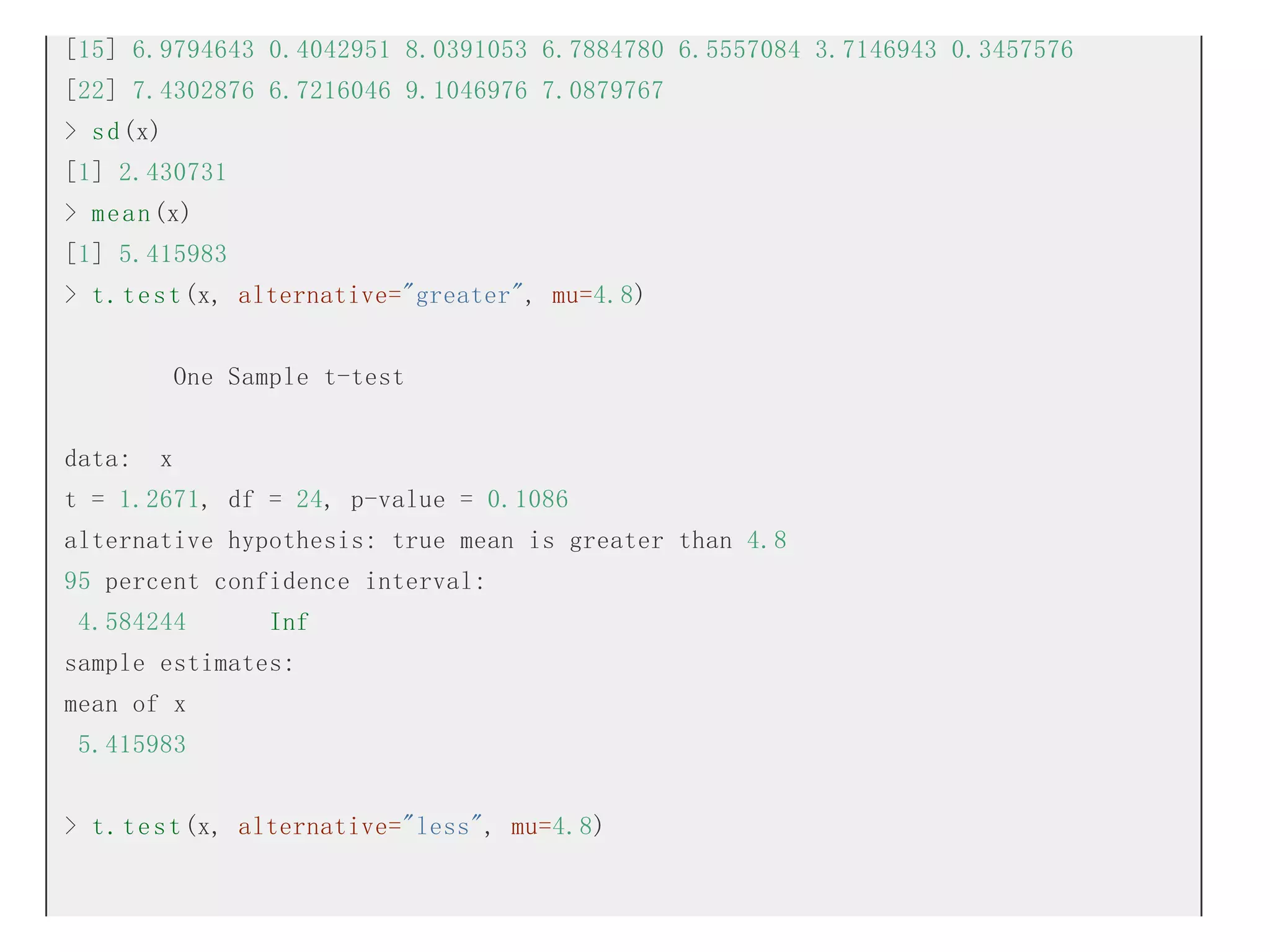 [15] 6.9794643 0.4042951 8.0391053 6.7884780 6.5557084 3.7146943 0.3457576
[22] 7.4302876 6.7216046 9.1046976 7.0879767
> s d (x)
[1] 2.430731
> m e a n (x)
[1] 5.415983
> t . t e s t (x, alternative="greater", mu=4.8)
One Sample t-test
data:

x

t = 1.2671, df = 24, p-value = 0.1086
alternative hypothesis: true mean is greater than 4.8
95 percent confidence interval:
4.584244

Inf

sample estimates:
mean of x
5.415983
> t . t e s t (x, alternative="less", mu=4.8)

 