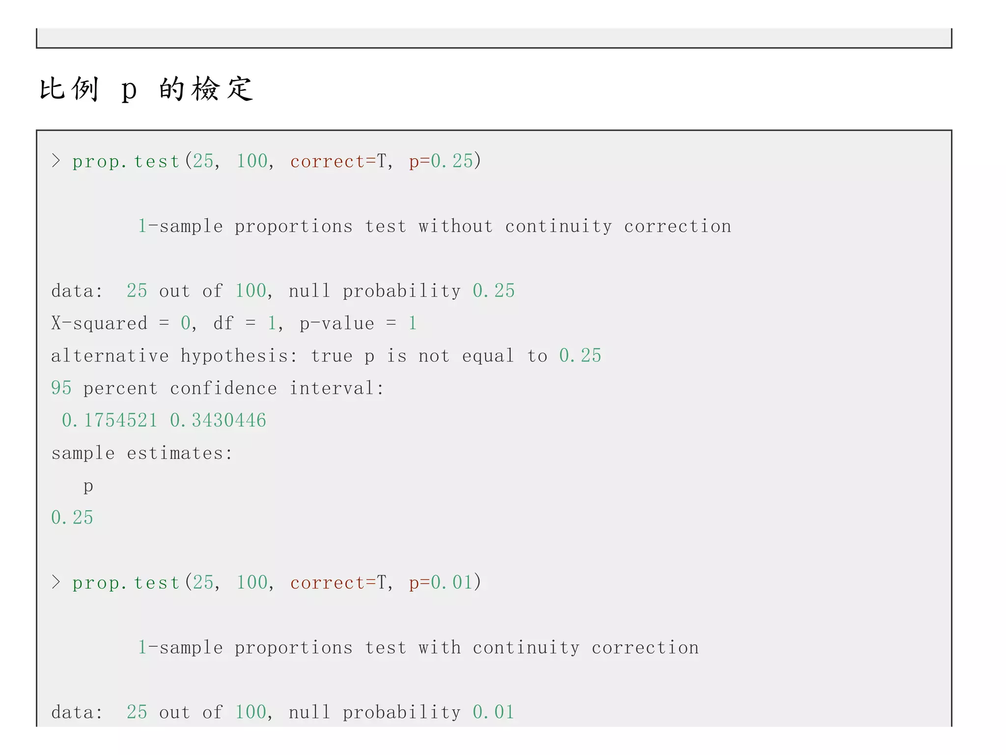 比例 p 的檢定
> p r o p . t e s t (25, 100, correct=T, p=0.25)
1-sample proportions test without continuity correction
data:

25 out of 100, null probability 0.25

X-squared = 0, df = 1, p-value = 1
alternative hypothesis: true p is not equal to 0.25
95 percent confidence interval:
0.1754521 0.3430446
sample estimates:
p
0.25
> p r o p . t e s t (25, 100, correct=T, p=0.01)
1-sample proportions test with continuity correction
data:

25 out of 100, null probability 0.01

 