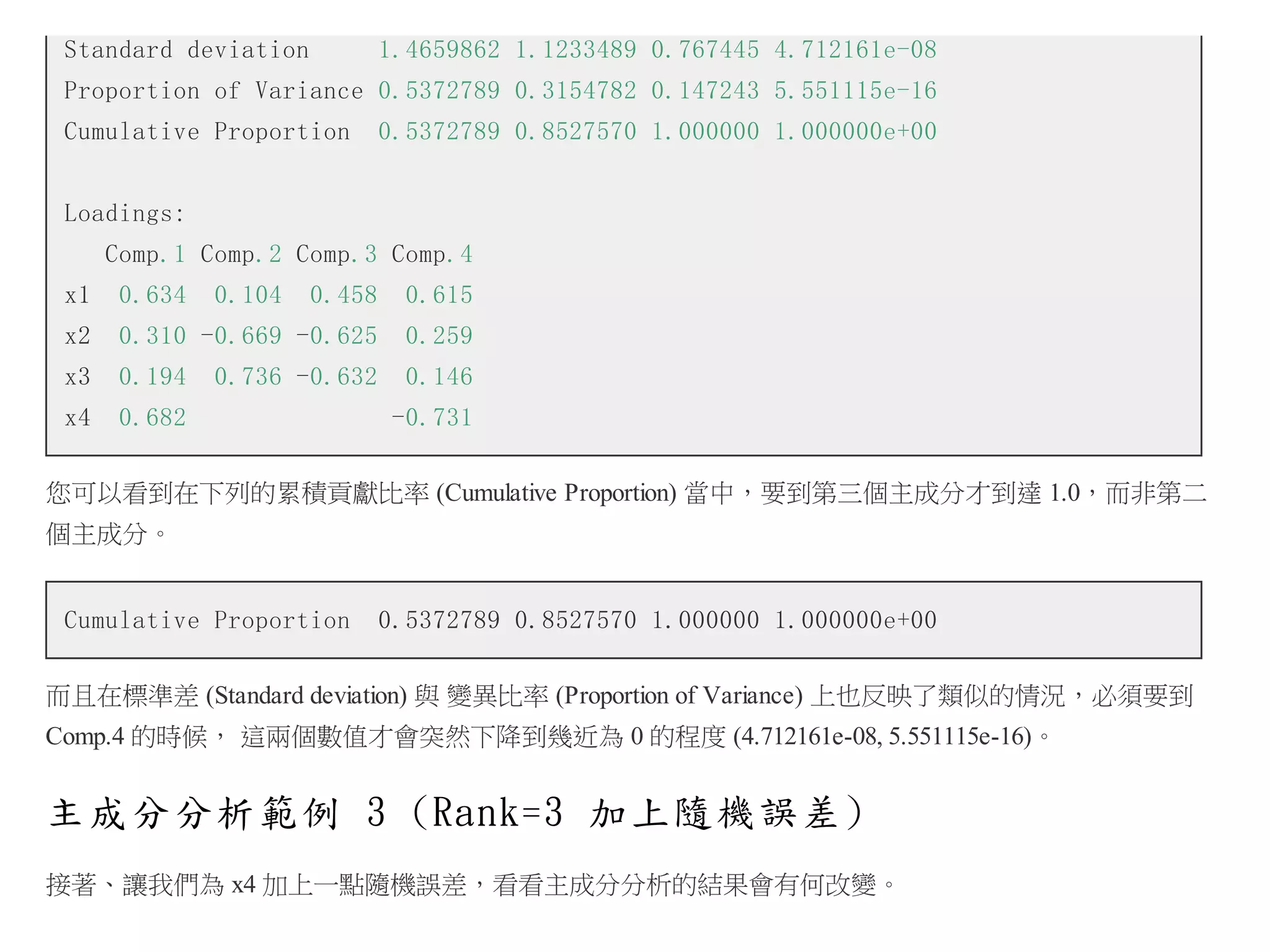 Standard deviation

1.4659862 1.1233489 0.767445 4.712161e-08

Proportion of Variance 0.5372789 0.3154782 0.147243 5.551115e-16
Cumulative Proportion

0.5372789 0.8527570 1.000000 1.000000e+00

Loadings:
Comp.1 Comp.2 Comp.3 Comp.4
x1

0.634

0.104

0.458

0.615

x2

0.310 -0.669 -0.625

0.259

x3

0.194

0.146

x4

0.682

0.736 -0.632

-0.731

您可以看到在下列的累積貢獻比率 (Cumulative Proportion) 當中，要到第三個主成分才到達 1.0，而非第二
個主成分。
Cumulative Proportion

0.5372789 0.8527570 1.000000 1.000000e+00

而且在標準差 (Standard deviation) 與 變異比率 (Proportion of Variance) 上也反映了類似的情況，必須要到
Comp.4 的時候， 這兩個數值才會突然下降到幾近為 0 的程度 (4.712161e-08, 5.551115e-16)。

主成分分析範例 3 (Rank=3 加上隨機誤差)
接著、讓我們為 x4 加上一點隨機誤差，看看主成分分析的結果會有何改變。

 
