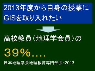 2013年度から自身の授業に
GISを取り入れたい

高校教員（地理学会員）の

３９％….
日本地理学会地理教育専門部会：2013
 