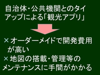 自治体・公共機関とのタイ
アップによる「観光アプリ」


×オーダーメイドで開発費用
 が高い
×地図の搭載・管理等の
メンテナンスに手間がかかる
 