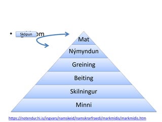 • Og bloom
Mat
Nýmyndun
Greining
Beiting
Skilningur
Minni
https://notendur.hi.is/ingvars/namskeid/namskrarfraedi/markmidis/markmidis.htm
Sköpun
 