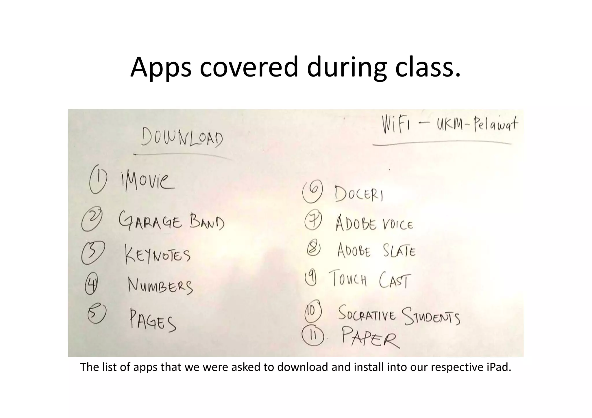 Apps covered during class.
The list of apps that we were asked to download and install into our respective iPad.
 