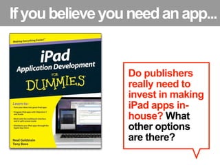 If you believe you need an app...


                  Do publishers
                  really need to
                  invest in making
                  iPad apps in-
                  house? What
                  other options
                  are there?
 