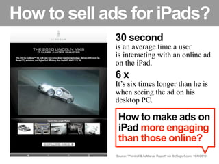 How to sell ads for iPads?
             30 second
             is an average time a user
             is interacting with an online ad
             on the iPad.
             6x
             It’s six times longer than he is
             when seeing the ad on his
             desktop PC.

              How to make ads on
              iPad more engaging
              than those online?
             Source: “Pointroll & AdMarvel Report” via BizReport.com, 16/6/2010
 
