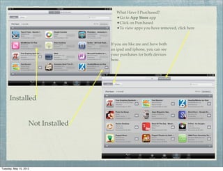 What Have I Purchased?
                                       •Go to App Store app
                                       •Click on Purchased
                                       •To view apps you have removed, click here


                                    If you are like me and have both
                                    an ipad and iphone, you can see
                                    your purchases for both devices
                                    here.




      Installed


                    Not Installed




Tuesday, May 15, 2012
 