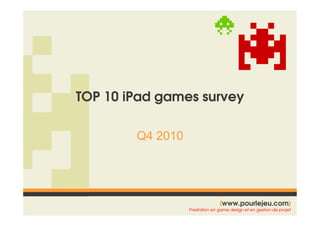 TOP 10 iPad games survey

        Q4 2010




                                [www.pourlejeu.com]
                                 [www.pourlejeu.com]
                  Prestation en game design et en gestion de projet
 