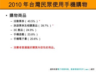 2010 年台灣民眾使用手機購物 購物商品 活動票券（ 40.5% ） * 旅遊票券及相關產品（ 39.7% ） * 3C 產品（ 24.9% ） 手機遊戲（ 23.8% ） 手機電子書（ 20.6% ） 消費者普遍偏好購買內容性的商品。 ．資料來源 電子商務時報 、 產業情報研究所（ MIC ） 統計  