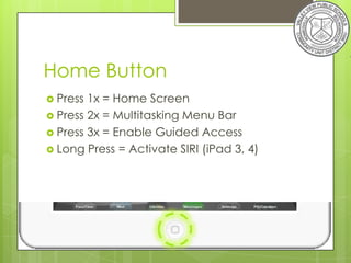 Home Button
 Press 1x = Home Screen
 Press 2x = Multitasking Menu Bar
 Press 3x = Enable Guided Access
 Long Press = Activate SIRI (iPad 3, 4)
 