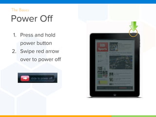Power Off
The Basics
1. Press and hold
power button
2. Swipe red arrow
over to power off
 