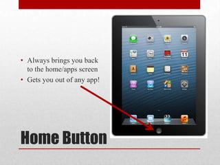 Home Button
• Always brings you back
to the home/apps screen
• Gets you out of any app!
 