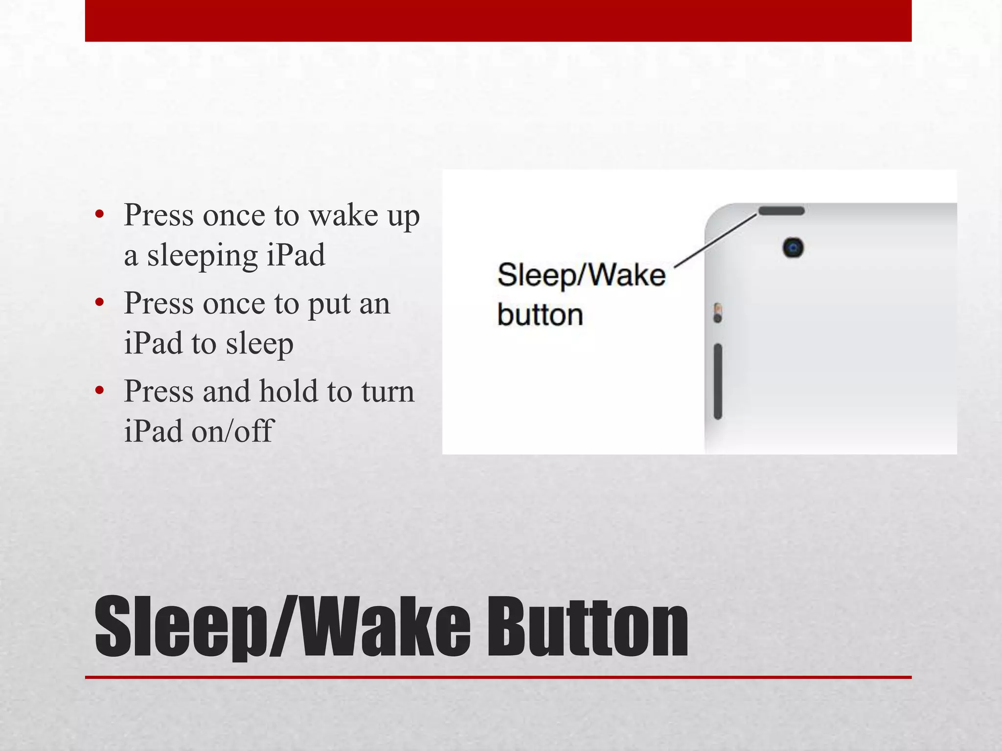 • Press once to wake up
a sleeping iPad
• Press once to put an
iPad to sleep
• Press and hold to turn
iPad on/off

Sleep/Wake Button

 