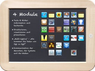 4 Module
• Texte & Bilder:
 Information und
 Recherche

• Strukturieren,
 visualisieren und
 präsentieren

• „Multi-apping“ – „Wie
 kommen die Daten von
 App zu App?“

• Kommunikation der
 Menschen, der Systeme
 und der Welten
 