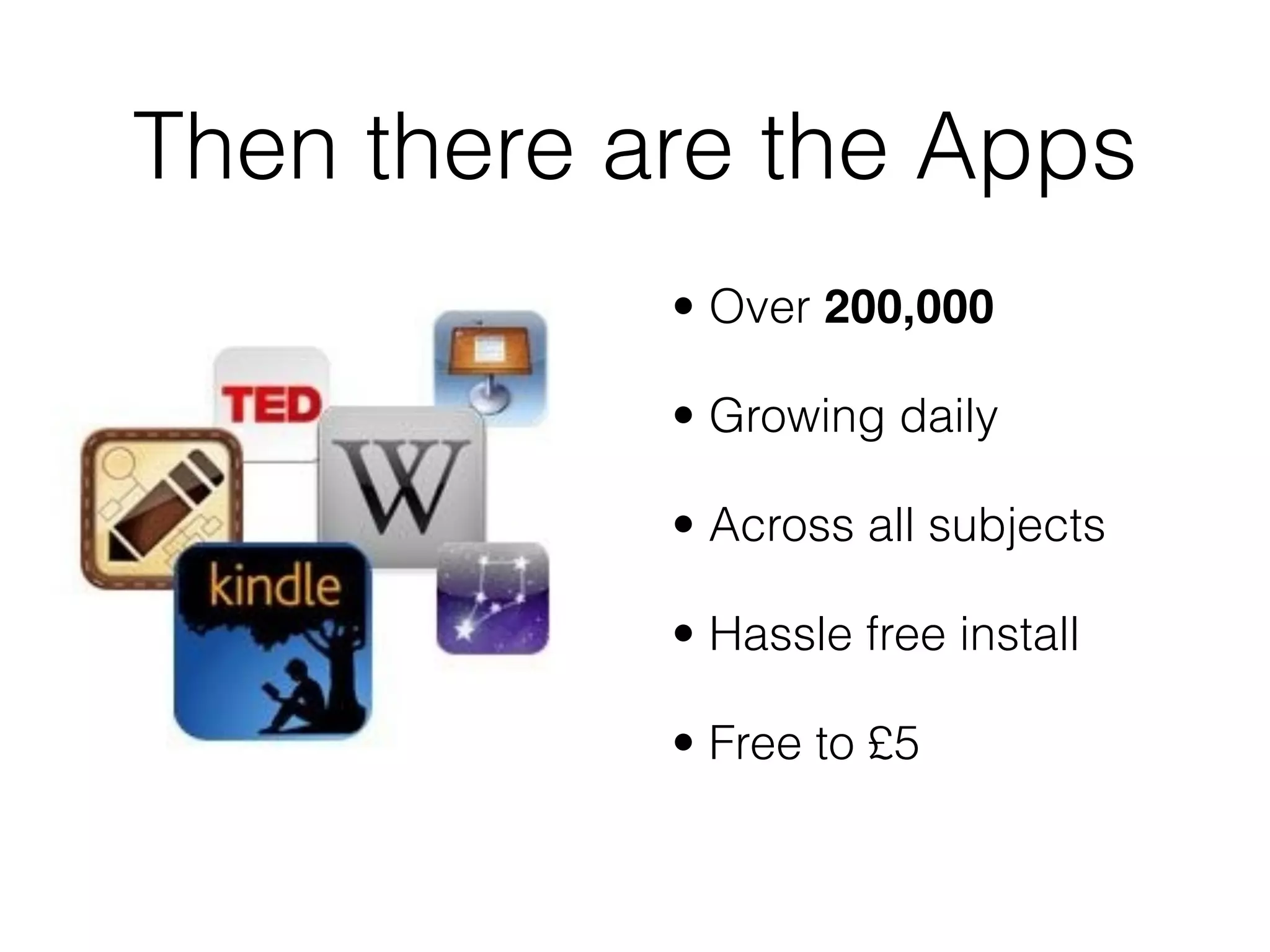 Then there are the Apps
            • Over 200,000

            • Growing daily

            • Across all subjects

            • Hassle free install

            • Free to £5
 