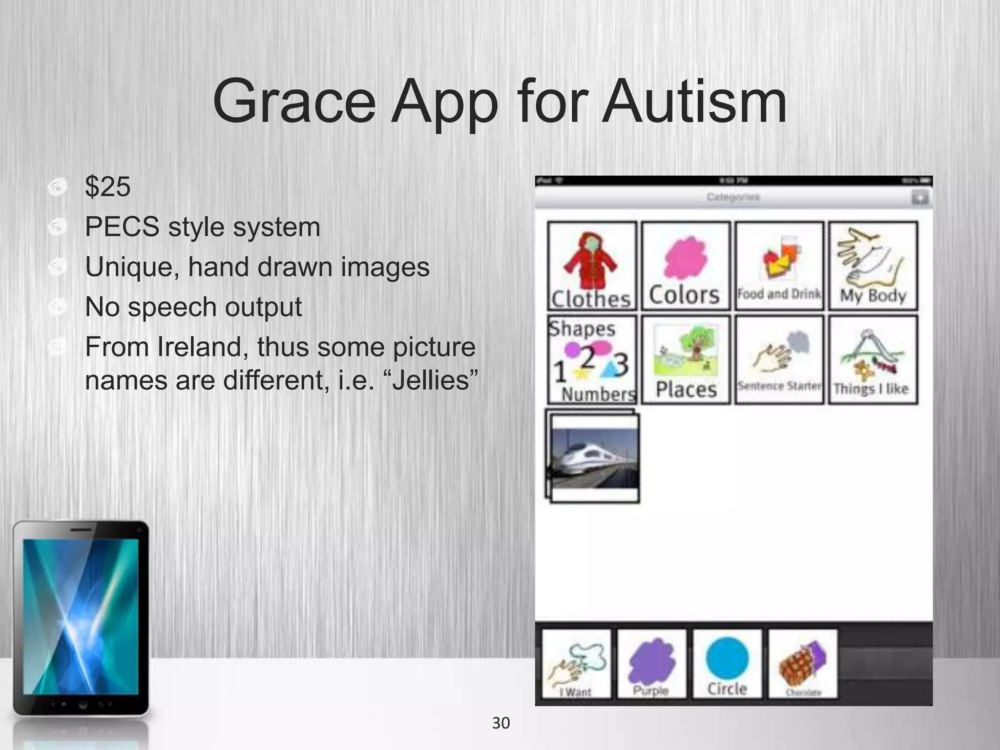 Grace App for Autism
$25
PECS style system
Unique, hand drawn images
No speech output
From Ireland, thus some picture
names are different, i.e. “Jellies”




                                      30
 